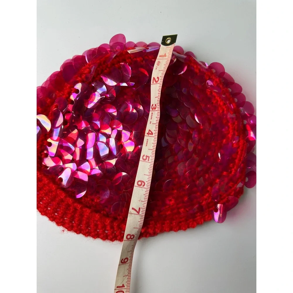 Vintage 1960s Red Wool Knit MOD Hat Large Pink Sequins Futuristic Made in Italy